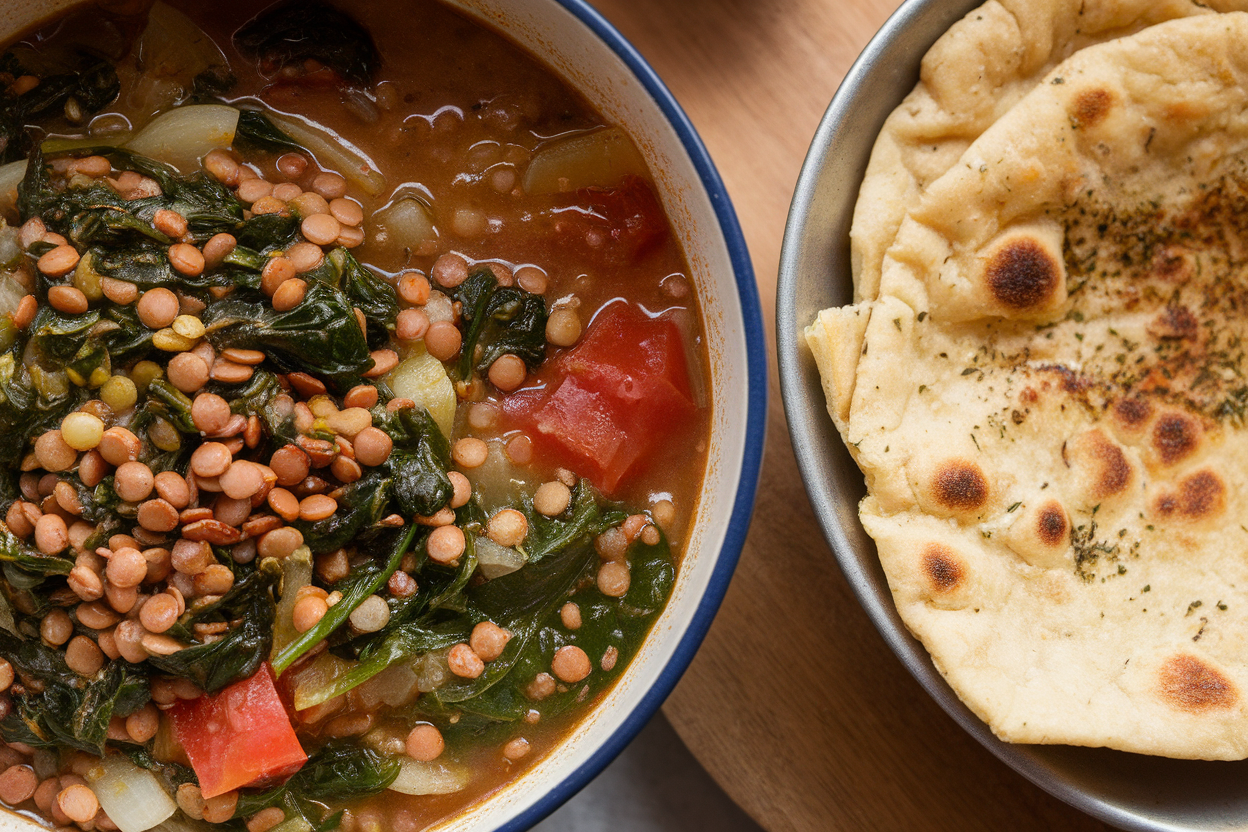 Hearty Lentil and Spinach Stew with Garlic Flatbread