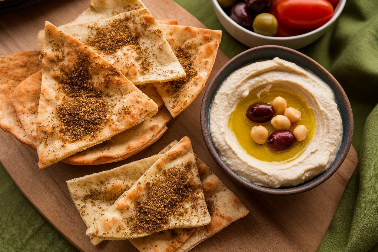 Baked Za'atar Pita Chips with Creamy Hummus