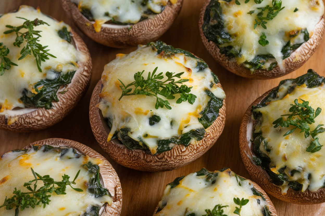 Cheesy stuffed mushrooms with spinach and herbs