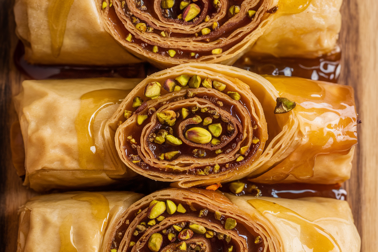 Honey and pistachio baklava rolls